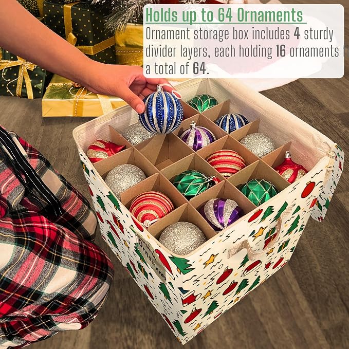 VENO 2 Pack Christmas Ornament Storage Box, Holiday Ornament Organizer with Adjustable Dividers, Sturdy Storage Containers for 64 Ornaments, Zippered Lid & Handles, 3" Cube (Jingle Mix)