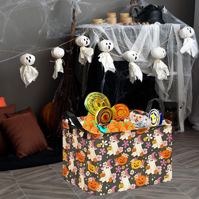 Halloween Pumpkin Ghost Storage Basket, Foldable Toy Organizer Bin | Halloween Pumpkin & Ghost Design with Cotton Linen Fabric, Waterproof Lining, Leather Handles and Foldable Storage Style
