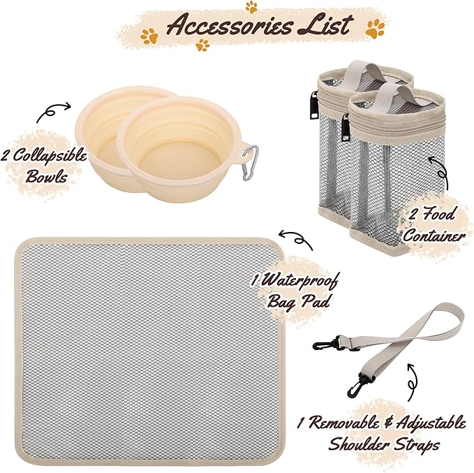 Modoker Compact Dog Travel Bag Set with 2 Bowls and Food Bags, 7.6L Beige | Under-Seat Pet Travel Organizer with 2 Food Bags, 2 Collapsible Bowls, Feeding Mat, Multiple Pockets and Adjustable Flap