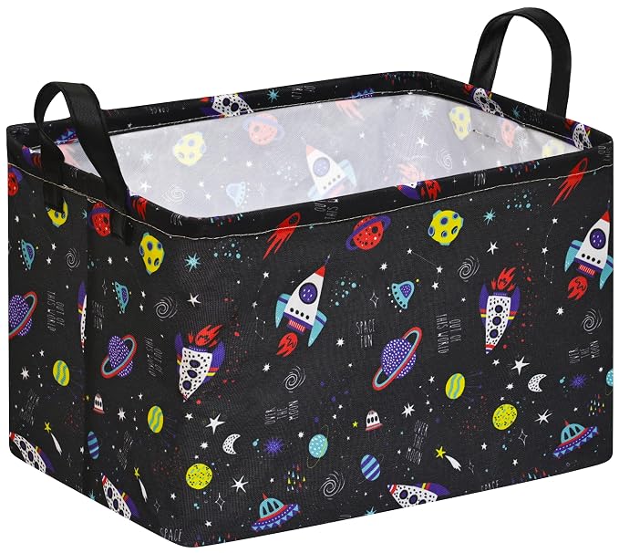 Rocket Space Kids Gifts Organizer Bin, Waterproof Lining, Leather Handles, Foldable Basket for Toys, Laundry, Blankets & Nursery Storage