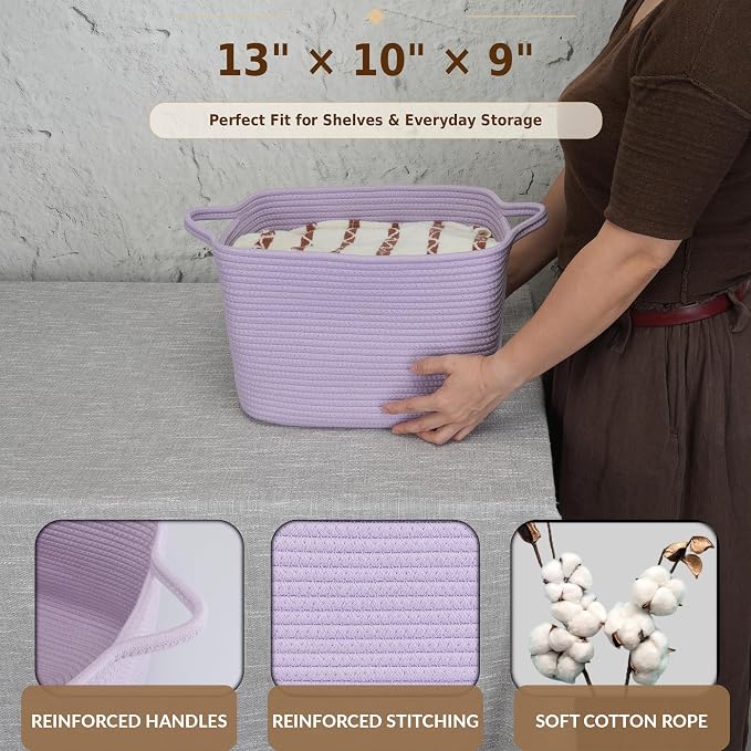 XUANGUO Woven Cotton Rope Storage Basket with Handles 13x10x9 inch Purple | Woven cotton rope basket for shelves and closets. Perfect for toys, books, clothes, nursery storage and gift baskets.