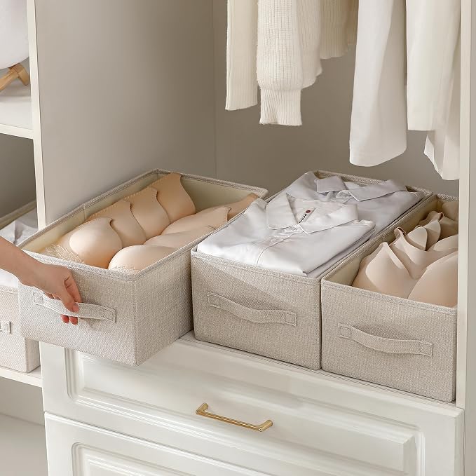 Linen Folding Storage Bins, 3 Pack Large Storage Baskets, Washable, Clothing Storage Bins with Handle, Closet Organizer for Storage Sweater,Sheets (Beige, 16" x9½x6¾)