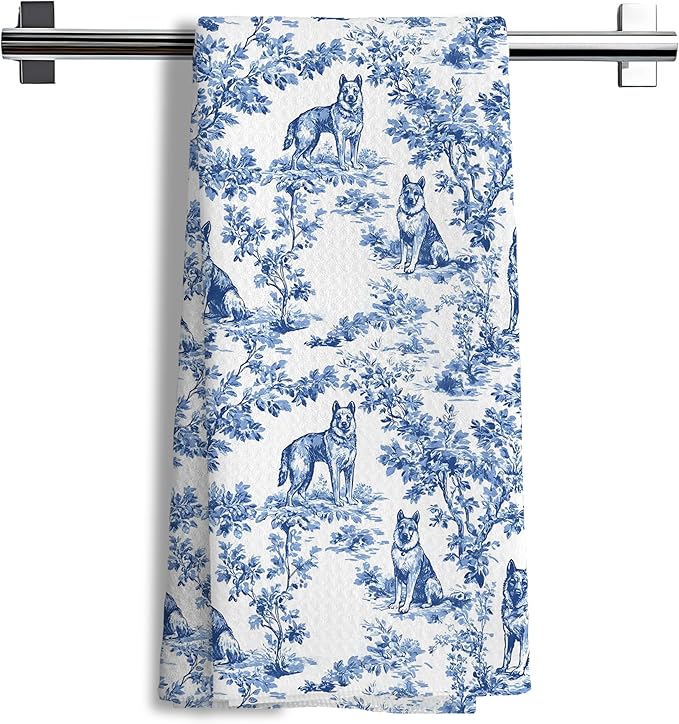 Chinoiserie German Shepherd Kitchen Towels, German Shepherd Gifts Hand Towels for Kitchen Bathroom,Blue and White Floral Botanical Grandmillennial Dog Decor Dish Tea Towels, 16x24 Inch
