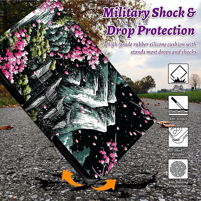 Rotating Handle Case for Samsung Galaxy Tab S10 Plus 2024/S9 FE+/S9 Plus 12.4" 2023, 360 Degree Swivel Kickstand with Magnetic Closure Leather Protective Cover, Sakura Dark Mountain Range