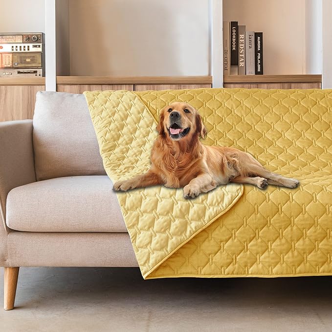 gogobunny Waterproof Dog Blankets for Large Dogs, Pet Bed Cover Breathable | Washable Pee Pads, Quilted Throw Blanket, Furniture Protector for Couch Sofa Bed Car, 82x82 Inch Dark/Light Yellow