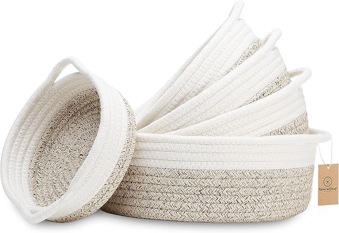 NaturalCozy 5-Piece Round Woven Cotton Rope Storage Baskets for Organizing, Small Shallow Nesting Set for Montessori Toys, Entryway Catchall, Fruit Bowl, Key Tray, Remote Holder, Nursery & Pet Toys