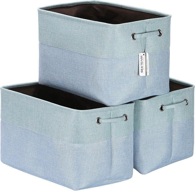 Sea Team Large Rectangle Canvas Open-Top Storage Baskets, 3-Pack | Collapsible Fabric Storage Bins with Handles, Closet Shelf Organizers, 15 x 10 x 10 Inches, Babyblue & Mint