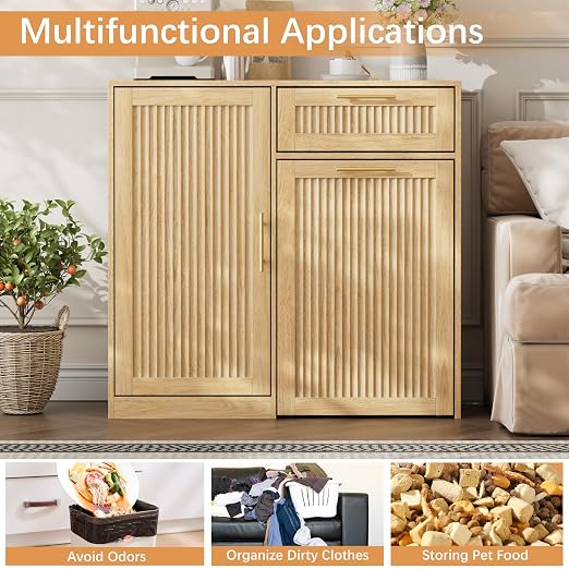 13 Gallons Pull Out Trash Can Cabinet with Storage, Natural Oak | Fluted Kitchen Trash Cabinet with Adjustable Shelf & Drawer, Hidden Wood Pet Proof Trash Can Holder for Laundry, Living Room