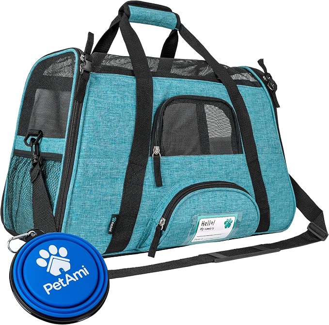 PetAmi Airline Approved Pet Carrier for Cats Small Dogs, Large Heather Blue | Soft Sided TSA Travel Bag, Sherpa Bed, Breathable Mesh Ventilation, Collapsible Bowl, Fits Under Seat, Up to 18 lbs