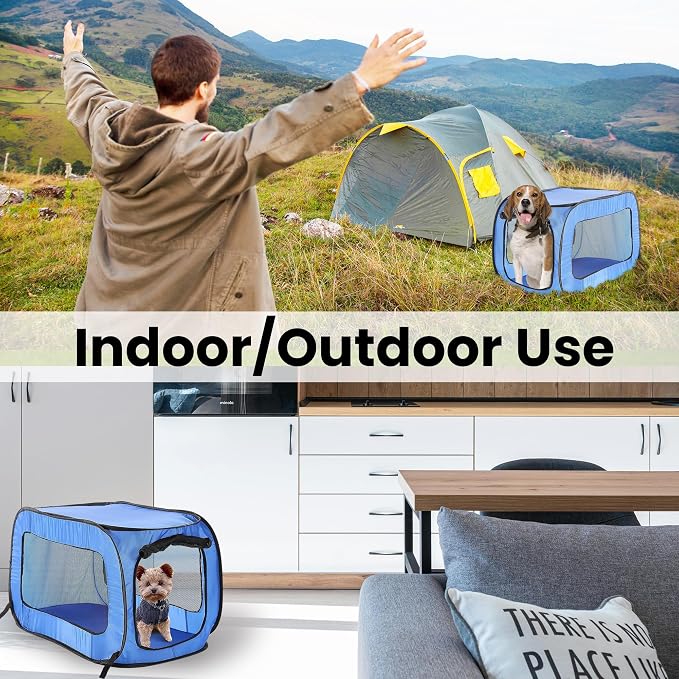 Portable Collapsible Pop Up Kennel, 36" L x 22" W x 22" H, Blue | Collapsible indoor/outdoor travel cat and dog crate with mesh screen windows pops up and folds flat for easy storage