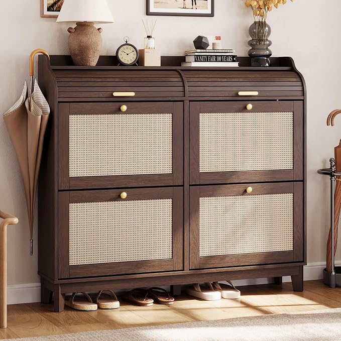 LINSY Shoe Storage Cabinet, Rattan Shoe Cabinet Flip Drawer Shoes Rack Cabinet with Sliding Tambour Door, Large Shoe Cabinets Mid Century Modern Hidden Shoe Storage Organizer for Entryway, Walnut