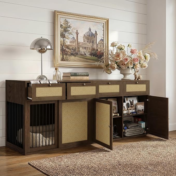 PureCozy 2-Piece Dog Crate Furniture, Left, 80 Inch, Dark Oak | Left-unit kennel with metal sliding door plus cane storage cabinet and 4 total drawers; furniture-style indoor console.