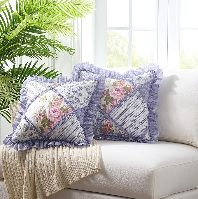 Brilliant Sunshine Rose Violet Ruffle Pillowshams Set, 18"x18" | Patchwork Design with Ruffles, Quilted Pillow Covers, Washable Throw Cushion Cases for Couchs and Beds, Pack of 2