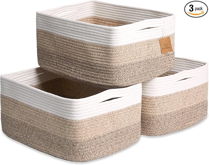 NaturalCozy Storage Baskets 16.8”x13”x7.6” Cotton Rope Woven Baskets for Organizing 3-Pack | Toy Storage Bins | Basket for Shelves, Laundry, Blanket, Clothes, Closet, Kitchen, Bathroom, Gifts