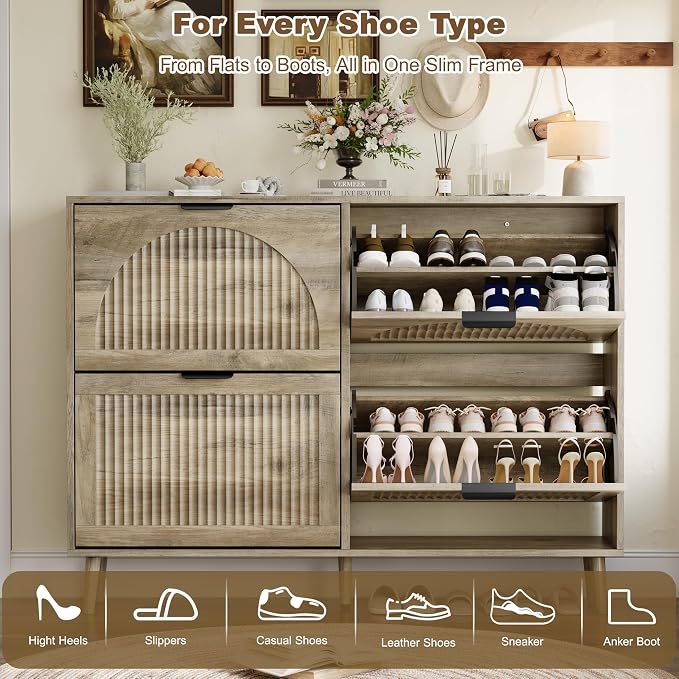 Shoe Storage Cabinet with 4 Flip Drawers, Narrow Wood Shoe Organizer Cabinet with Fluted Panel, Slim Shoe Rack for Entryway, Freestanding Shoe Cabinet for Living Room, Hallway, Grey