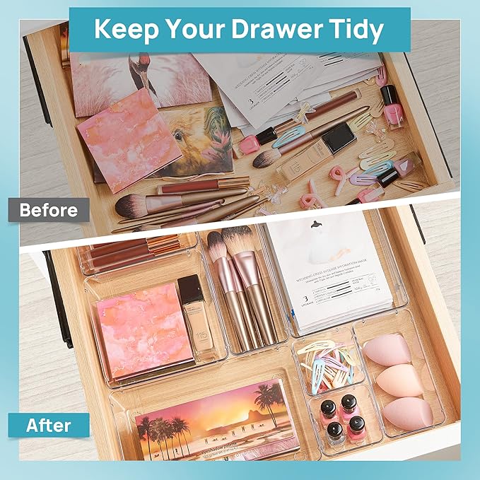 Vtopmart 44 PCS Clear Plastic Drawer Organizers Set, Vanity Organizer Trays | 4-Size Versatile Makeup Organizer, Non-Slip Storage Containers for Makeup, Jewelries, Bedroom，Kitchen Utensils and Office