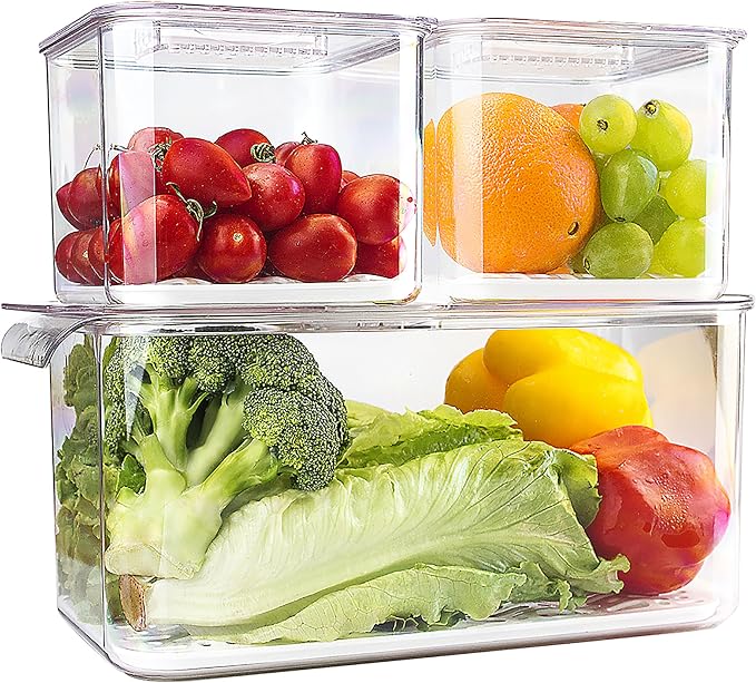 elabo Fridge Fruit Storage Containers, 3 Pack Lettuce Keeper Produce Saver | Large Berry Containers with Lids for Fridge, BPA-Free & Food Grade, Fresh Containers for Vegetables with Removable Drainer