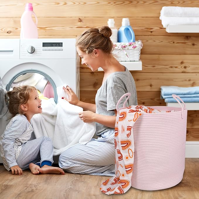 XUANGUO Cotton Rope Laundry Basket Hamper for Girls Kids Baby Nursery Hamper Bin Woven Storage Basket for Living Room Girls room Boho Tall Rope Baskets for Blanket Toys Large light pink (Pack of 10)