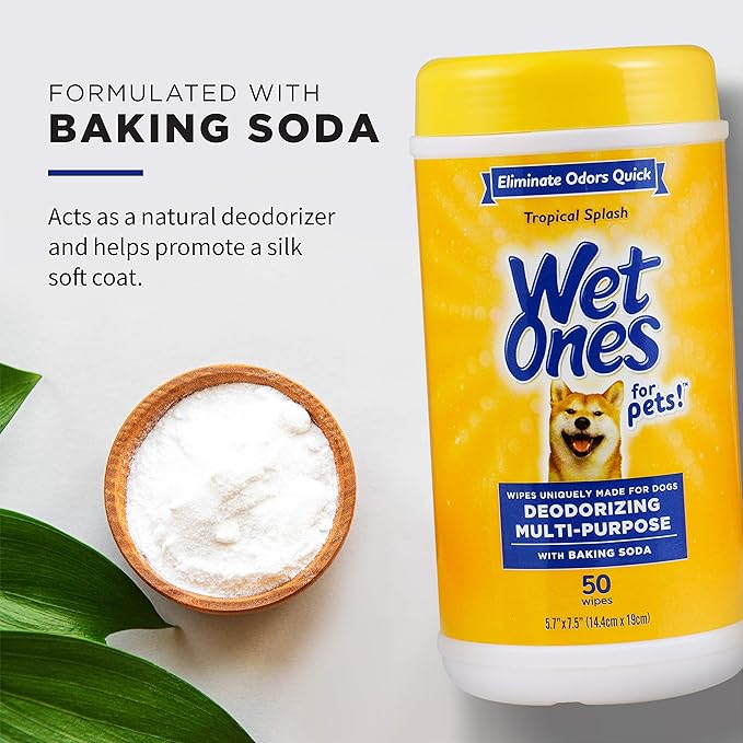 Wet Ones for Pets Deodorizing Dog Wipes with Baking Soda, Tropical Splash Scent - Multipurpose Deodorizing Pet Grooming Wipes in Resealable Canister, 50 Count