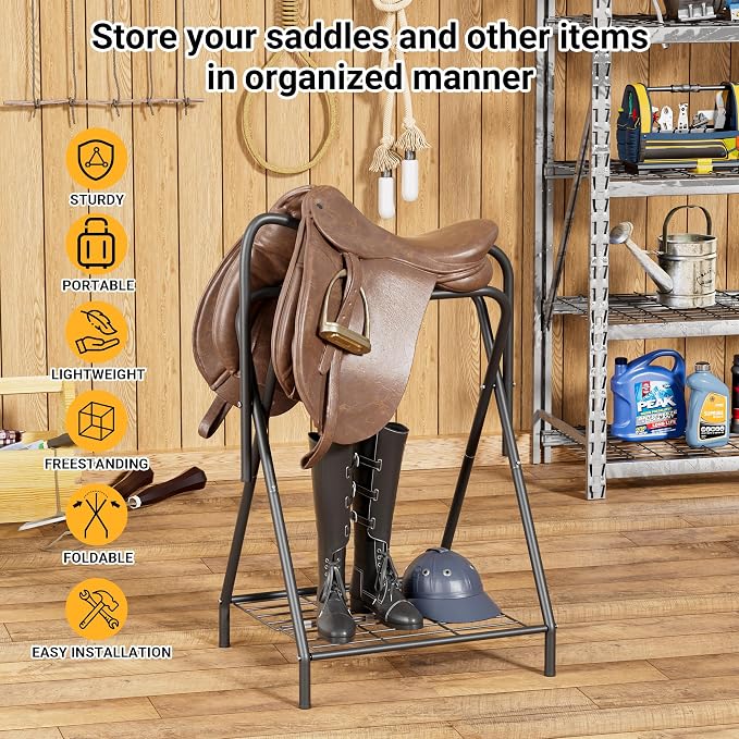 Dunatou Foldable Saddle Rack with Bottom Storage Shelf – Heavy Duty Horse Saddle Stand for English & Western Saddles, Portable Blanket Holder & Saddle Pad Rack for Tack Room, Barn & Trailer, Black