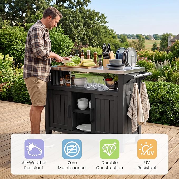 Bifanuo Outdoor Grill Table Grill Cart with Stainless Steel Top & Storage Cabinet for Food Prep and Storage, Portable and Durable with Wheels (Standard Black)