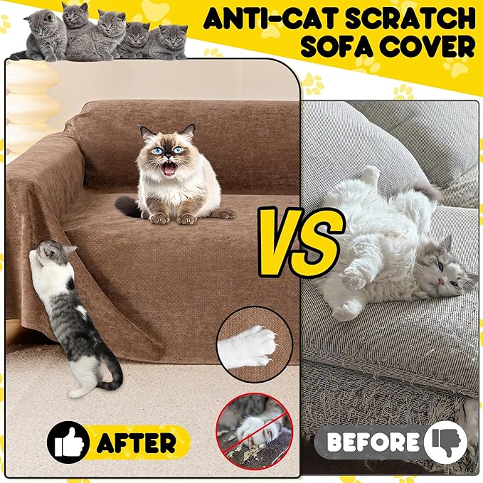 Loiion Cat Scratch Proof Furniture Protector Waterproof Sofa Cover 134"x91" | Pet-Friendly Couch Protector, Anti-Scratch & Anti-Slip Sofa Cover For Cats Dogs Kids, Machine Washable
