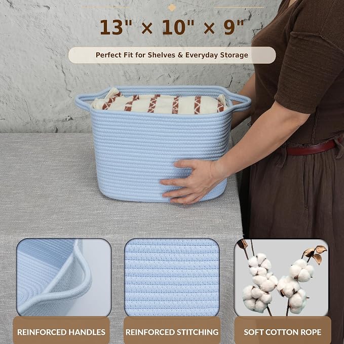 XUANGUO Woven Cotton Rope Storage Basket with Handles 13x10x9 inch Blue | Woven cotton rope basket for shelves and closets. Perfect for toys, books, clothes, nursery storage and gift baskets.