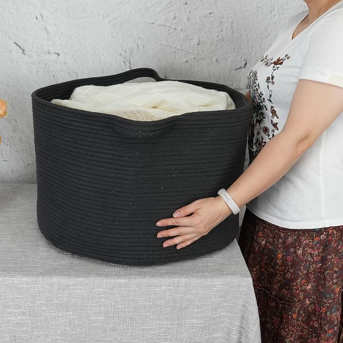 XUANGUO Extra Large Cotton Rope Round Storage Basket 22" x 14" Black | Woven basket for blankets, toys, towels, laundry, nursery, living room and pet toy storage.