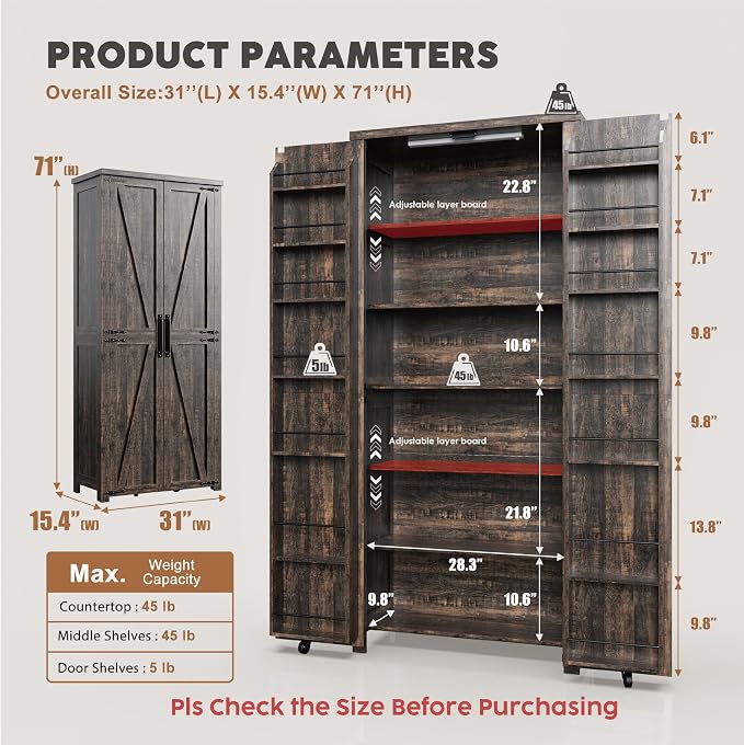 Furnaza Farmhouse 72" H Kitchen Pantry Cabinet with Adjustable Shelves | LED Craft Storage Cabinet Cabinet with 2 Barn Doors for Craft Room,Dining Room,Living Room,Home Office,16"D x 30"W