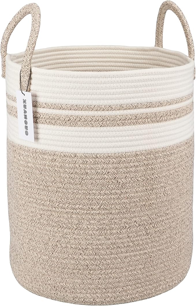 XUANGUO Cotton Rope Laundry Basket Hamper for Clothes Large Brown and White | Baby Nursery Hamper Bin and Woven Storage Basket for Living Room Bedroom Boho Tall Rope Baskets Blankets Toys Pillows Towels