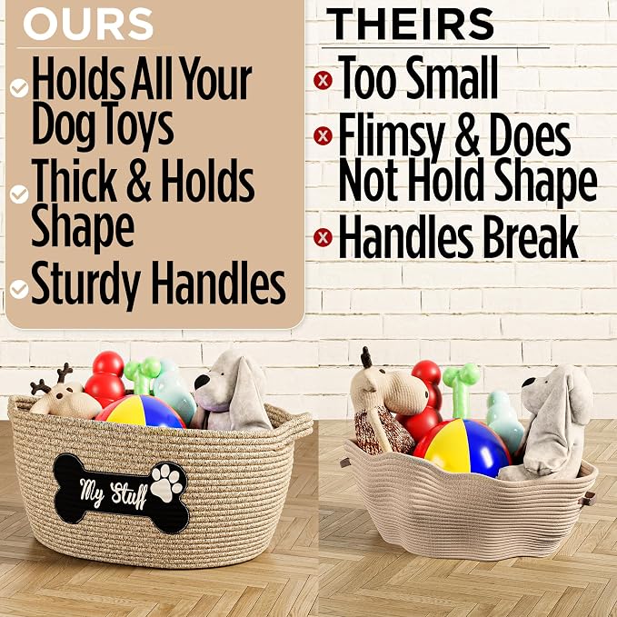 Dog Toy Basket, 100% Cotton Rope, Chew Proof, Sturdy Reinforced Handles | 100% Cotton Rope Woven Dog Toy Box for Living Room Area, Sturdy Handles, Durable Patch, Suitable for All Pets, No Loose Parts