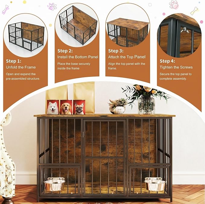 Hadulcet 41'' Foldable Dog Crate Furniture, Large Dog Kennel with 2 Bowls | Wooden Crate Table with Storage Top, Furniture Style Indoor Kennel for Small to Large Dogs with Rotating Food Door, Brown