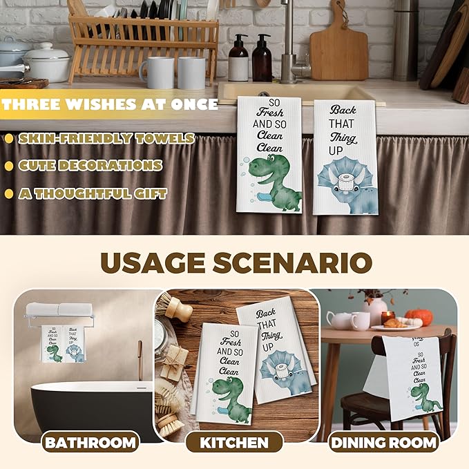 Bath Towels Set of 2, Cute Funny Dinosaurs Dish Towel for Bathroom Spa Kitchen, Decorative Hand Towels, Fast Drying Tea Towel, Housewarming Xmas Gifts for Dinosaurs Lover Women Mom -B32