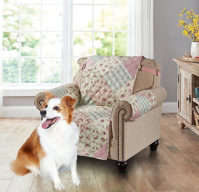 Brilliant Sunshine Pink & Green Roses Couch Armchair Cover, 23" seat | Quilted Sofa Cover, Living Room & Bedroom Furniture Protector, Washable Chair Slipcover for Pets, Dogs & Cats