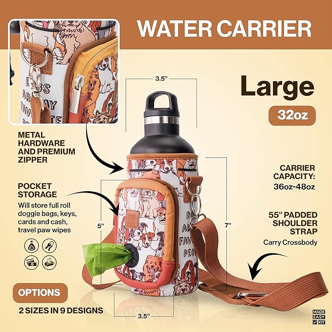 Made Easy Kit Water Bottle Carrier with Pocket for Dog Poop Waste Bags and Adjustable Padded Shoulder Strap (Large (32oz) with Bowl, Green/Pink, Avocado)