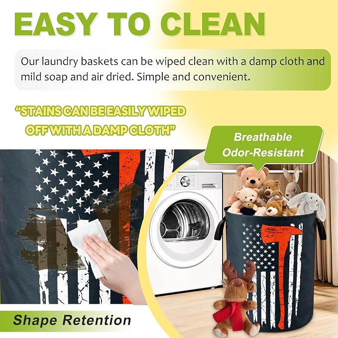 American Flag Red Line Ax Laundry Basket Foldable Waterproof 18.9x16.5 Inch | Oxford Cloth Hamper With Reinforced Handles Lining Large-Capacity Storage For Bathrooms/Laundry Rooms/ Living Rooms/Bedrooms