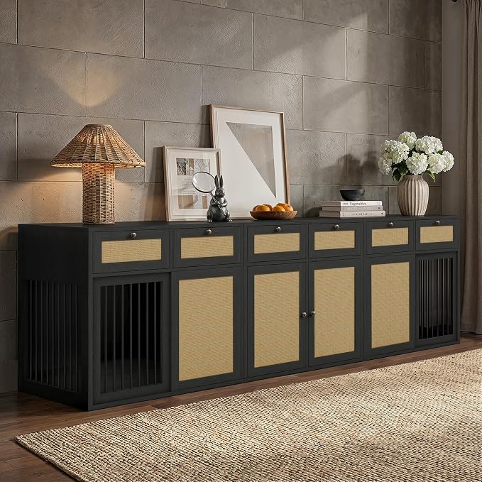 PureCozy 3-Piece Double Dog Crate Furniture, 120 Inch, Black Oak | Left and right kennels for 2 dogs plus center cane storage cabinet; metal sliding doors and 6 total drawers.
