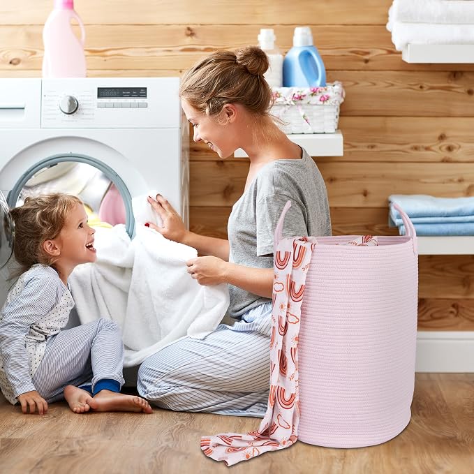 XUANGUO Cotton Rope Laundry Basket Hamper for Clothes Large Light Pink | Woven Storage Basket for Living Room Bedroom Boho Tall Rope Baskets for Blanket Toys Pillow Towels Baby Nursery Hamper Bin