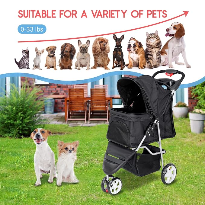 ZENY Pet Stroller for Small/Medium Dogs and Cats Foldable Dog Stroller | 3 Wheels, Pet Strolling Cart, Dog Travel Carrier with Storage Basket, Cup Holder, Black