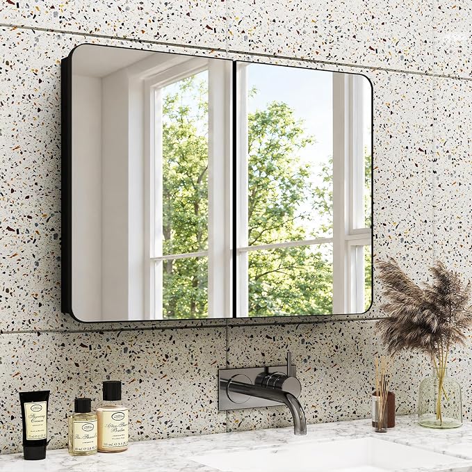 32x24 in Double Door Medicine Cabinet with Mirror, Matte Black | Fully Assembled; Recessed or Surface Wall Mount; Metal Cabinet with Tempered Glass Mirror and Two Adjustable Glass Shelves