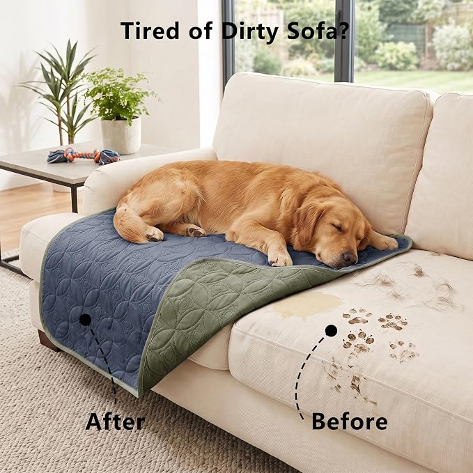 Waterproof Couch Cover for Dogs - Washable Pets Furniture Protector | TPU Leak-Proof Liner, Lightweight & Reversible, Fits Chair, Sofa, Bed, 52" x 82" , Blue/Green