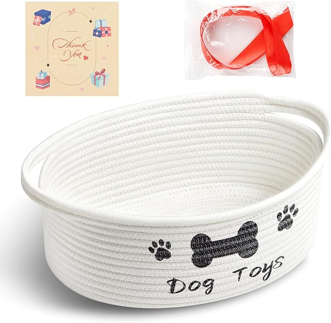 Bufims Small Woven Dog Gifts Basket for Storage Empty Dog Toy Bins Organizer with Ribbons and Bags Durable Cute Pet Gifts 12"X 8" X 5" Small Rope Basket for Gifting