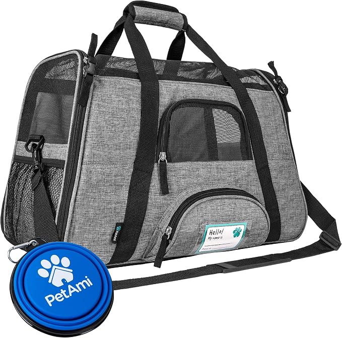 PetAmi Airline Approved Pet Carrier for Cats Small Dogs, Large Heather Gray | Soft Sided TSA Travel Bag, Sherpa Bed, Breathable Mesh Ventilation, Collapsible Bowl, Fits Under Seat, Up to 18 lbs