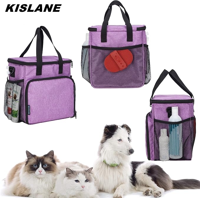 Pet Grooming Storage Bag, Organizer for Dog & Cat Supplies (Purple) | Roomy tote organizes cat and dog grooming tools. Tools not included. Multiple pockets.