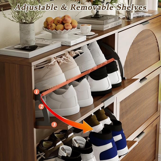 Shoe Storage Cabinet with 6 Flip Drawers, Narrow Wood Shoe Organizer Cabinet with Fluted Panel, Slim Shoe Rack for Entryway, Freestanding Shoe Cabinet for Living Room, Hallway, Walnut