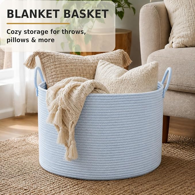 XUANGUO 66L Large Blanket Basket, Round Cotton Rope Basket, Blue | 20" x 13" Laundry Basket with Sturdy Handles for Blankets, Pillows and Toys; Storage for Living Room, Bedroom and Nursery