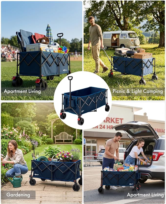 Portal Ultra Compact Folding Wagon Cart with Brakes, 300L Large Cart | Portable Outdoor Design; Durable Construction; Easy Setup & Storage; Color: Blue