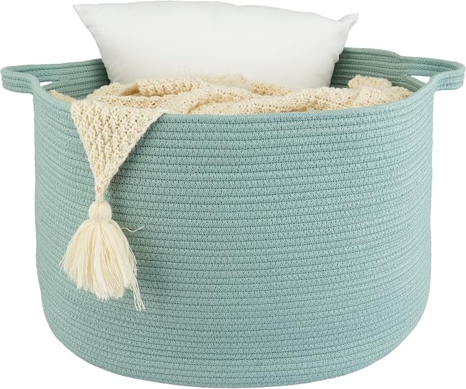 XUANGUO Extra Large Cotton Rope Round Storage Basket 22" x 14" Light Green | Woven basket for blankets, toys, towels, laundry, nursery, living room and pet toy storage.
