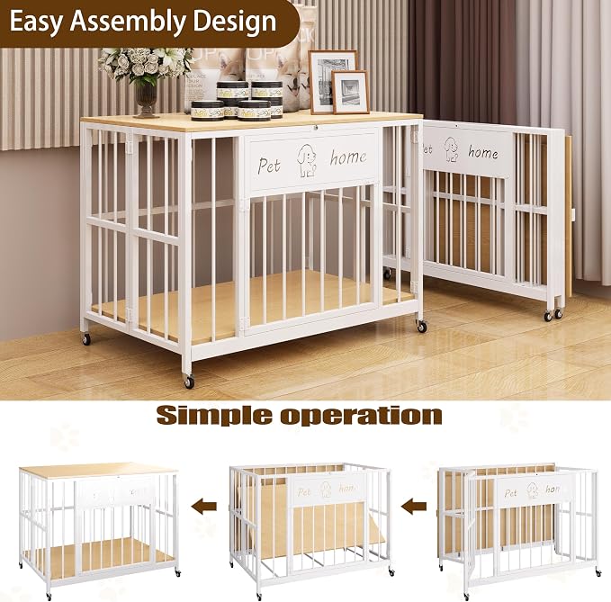 31.5" Foldable Dog Crate Furniture for Small Medium Dogs | Wooden Construction, RGB Ceiling Lights, Silent Casters, Natural Wood Tabletop, Multi-Purpose End Table TV Stand