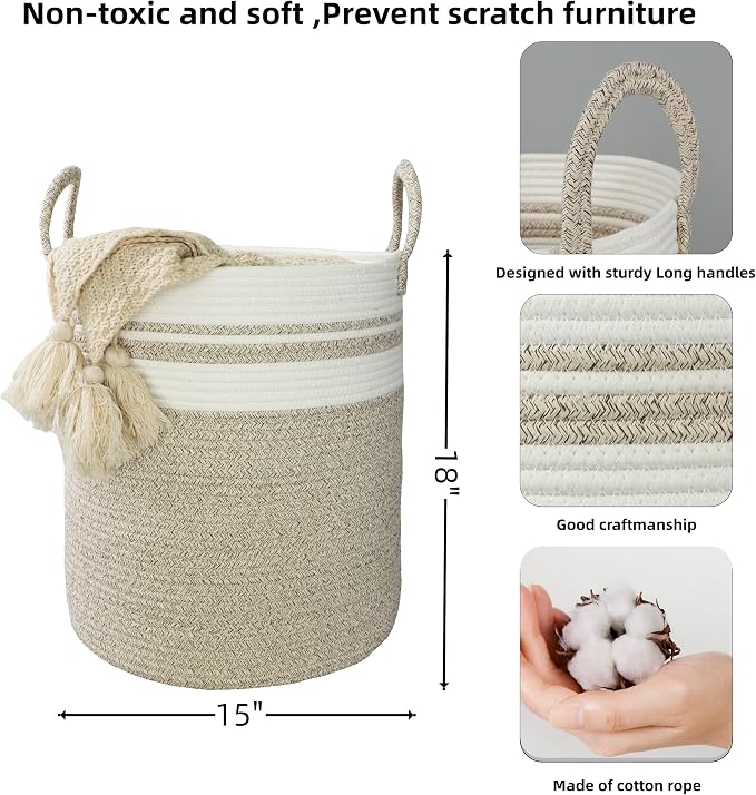 XUANGUO Cotton Rope Laundry Basket Hamper for Clothes Large Brown and White | Baby Nursery Hamper Bin and Woven Storage Basket for Living Room Bedroom Boho Tall Rope Baskets Blankets Toys Pillows Towels
